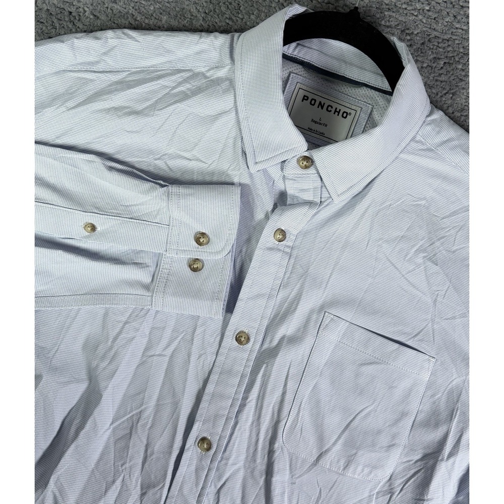 Poncho Outdoors Men's Large Performance Shirt White Blue Micro Check Regular Fit